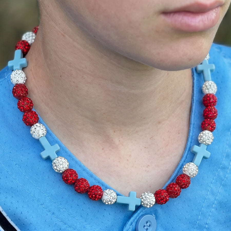 Resolve Faith Drip Beaded Sports Necklace | Red, White & Light Blue