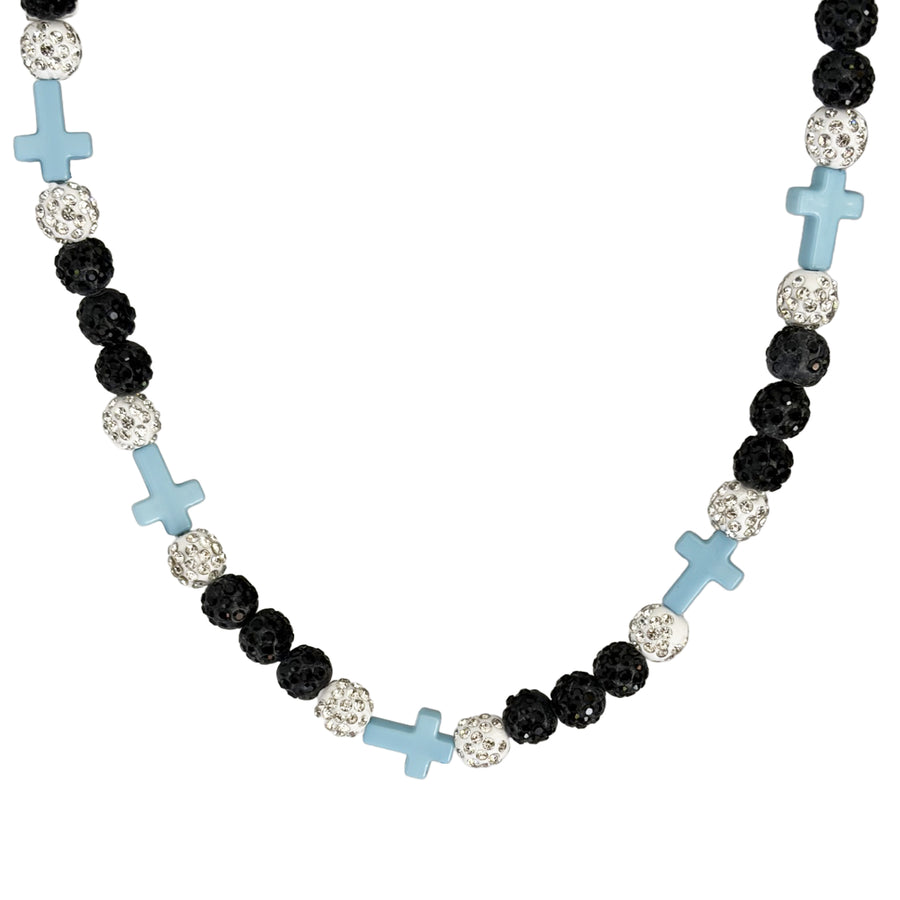 Anchor Faith Drip Beaded Sports Necklace | Light Blue, Black & White