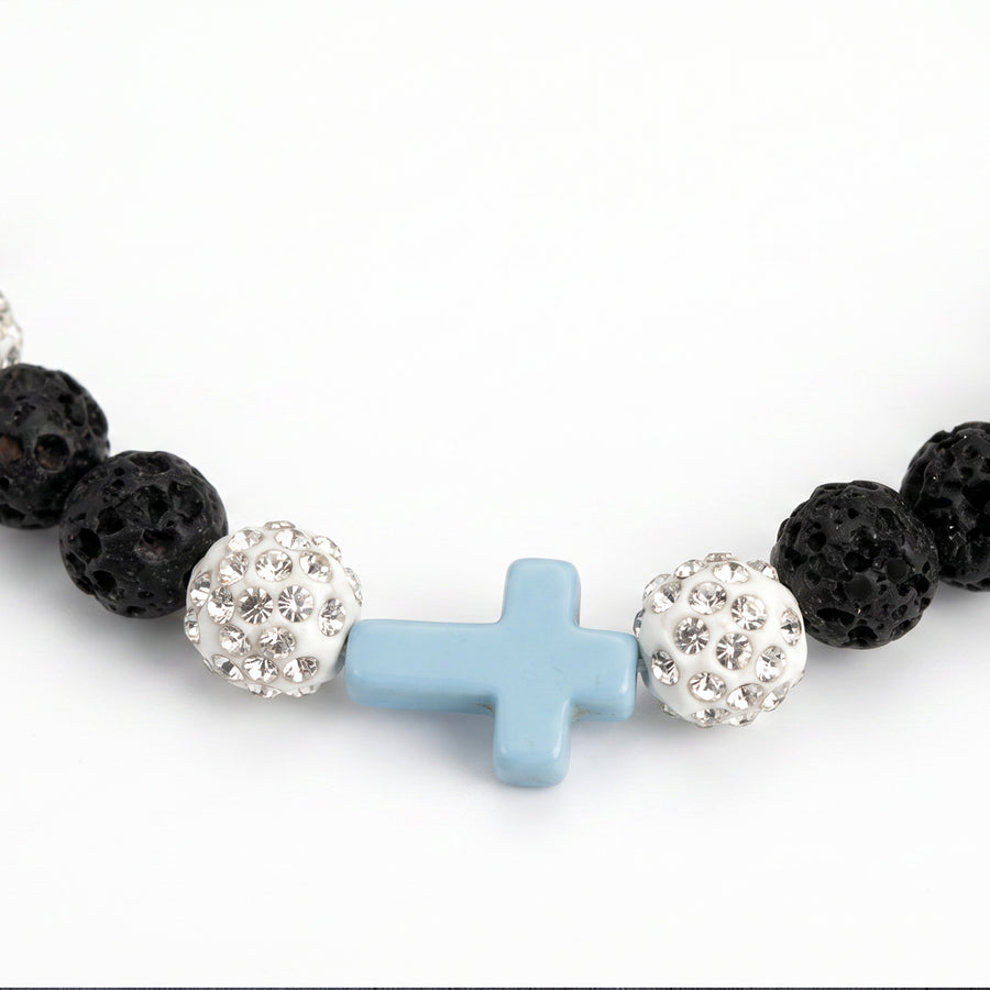 Anchor Faith Drip Beaded Sports Necklace | Light Blue, Black & White