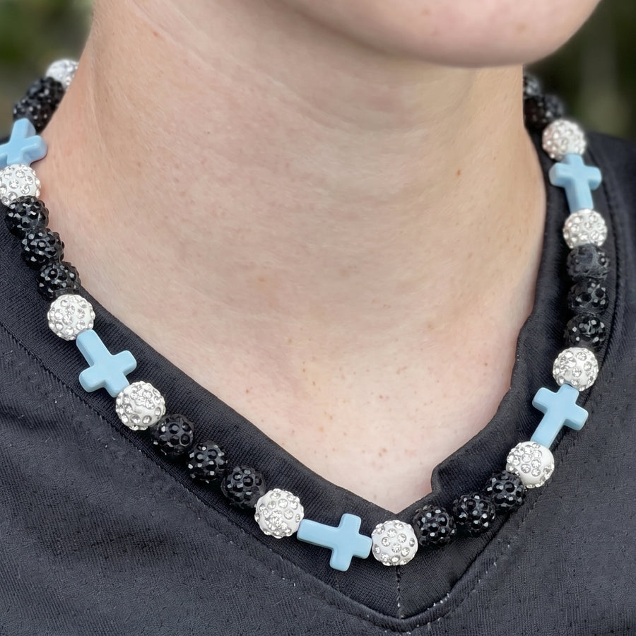 Anchor Faith Drip Beaded Sports Necklace | Light Blue, Black & White